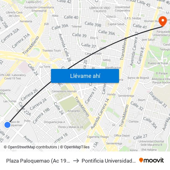Plaza Paloquemao (Ac 19 - Kr 25) (A) to Pontificia Universidad Javeriana map