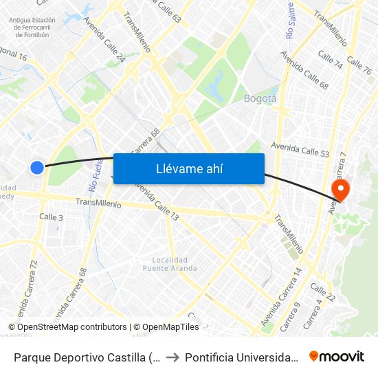 Parque Deportivo Castilla (Ac 8 - Kr 73) to Pontificia Universidad Javeriana map