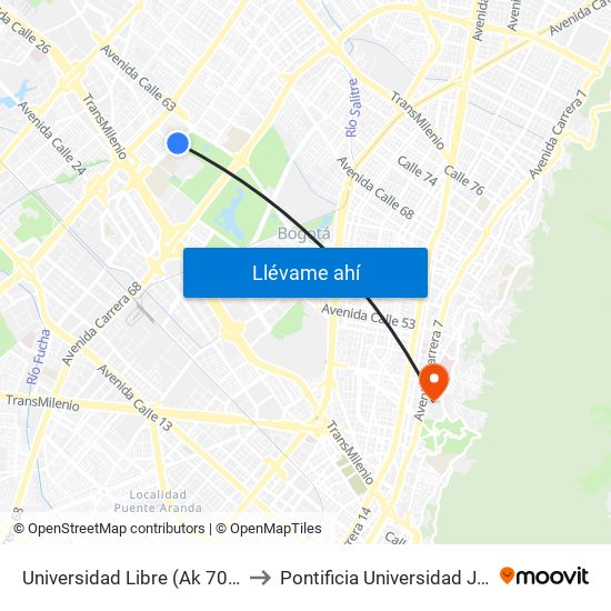 Universidad Libre (Ak 70 - Ac 53) to Pontificia Universidad Javeriana map