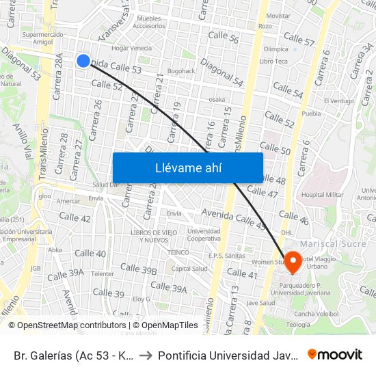 Br. Galerías (Ac 53 - Kr 28) to Pontificia Universidad Javeriana map