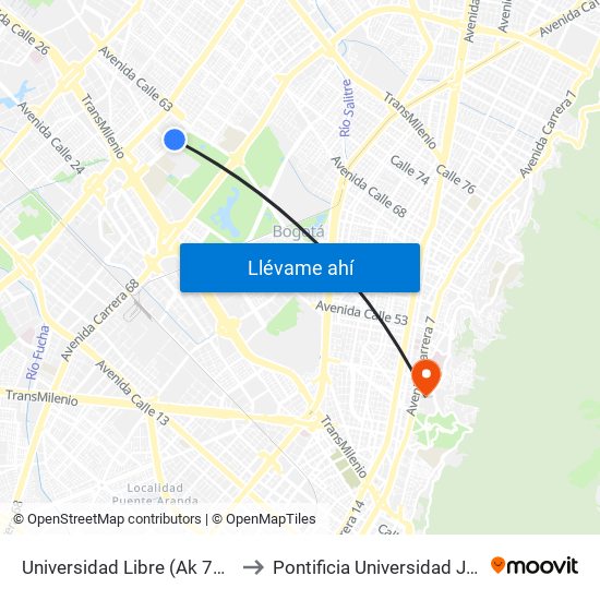 Universidad Libre (Ak 70 - Cl 54) to Pontificia Universidad Javeriana map