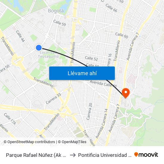 Parque Rafael Núñez (Ak 50 - Cl 44c) to Pontificia Universidad Javeriana map