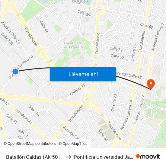 Batallón Caldas (Ak 50 - Cl 19) to Pontificia Universidad Javeriana map