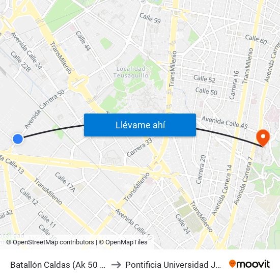 Batallón Caldas (Ak 50 - Ac 17) to Pontificia Universidad Javeriana map