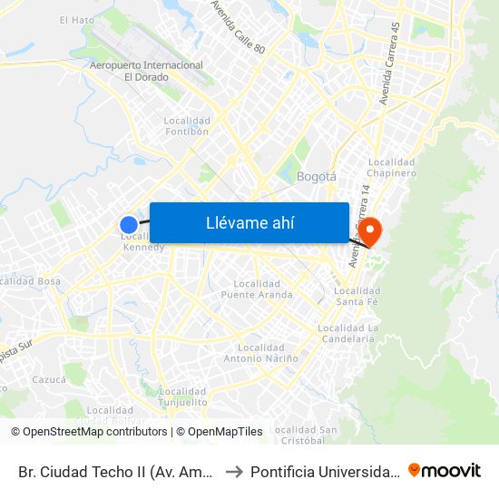 Br. Ciudad Techo II (Av. Américas - Kr 82a) to Pontificia Universidad Javeriana map