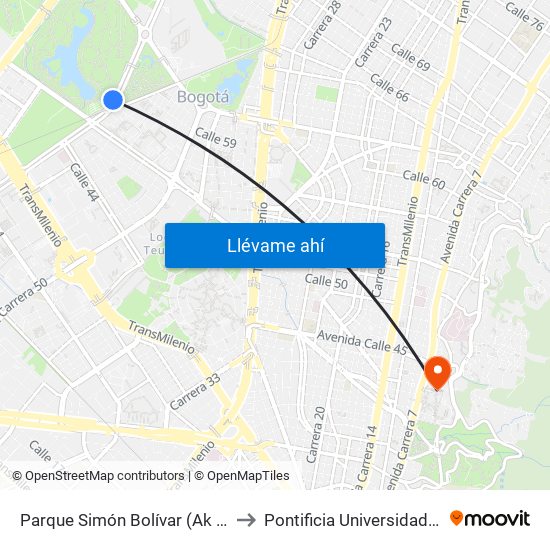 Parque Simón Bolívar (Ak 60 - Cl 57c) to Pontificia Universidad Javeriana map