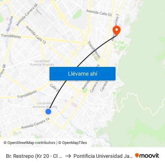 Br. Restrepo (Kr 20 - Cl 18 Sur) to Pontificia Universidad Javeriana map