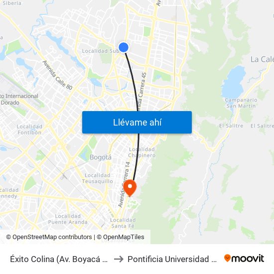 Éxito Colina (Av. Boyacá - Cl 146b) to Pontificia Universidad Javeriana map