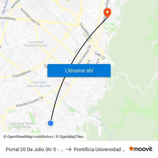 Portal 20 De Julio (Kr 5 - Cl 31 Sur) to Pontificia Universidad Javeriana map
