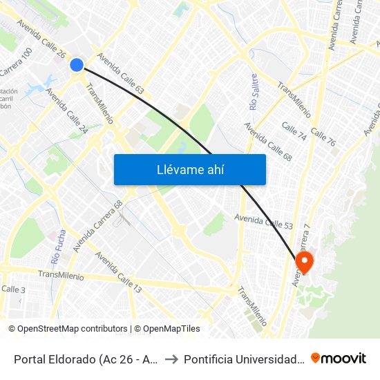 Portal Eldorado (Ac 26 - Av. C. De Cali) to Pontificia Universidad Javeriana map