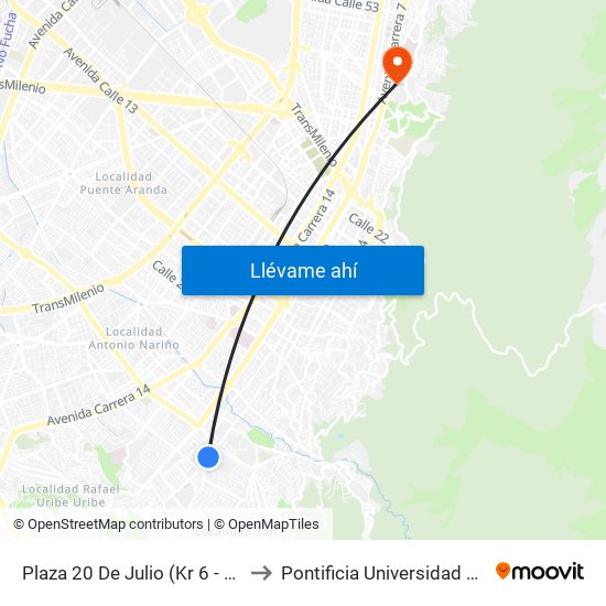 Plaza 20 De Julio (Kr 6 - Cl 24 Sur) to Pontificia Universidad Javeriana map