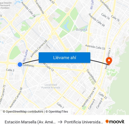 Estación Marsella (Av. Américas - Kr 69b) to Pontificia Universidad Javeriana map