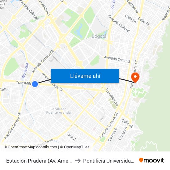 Estación Pradera (Av. Américas - Kr 65) to Pontificia Universidad Javeriana map