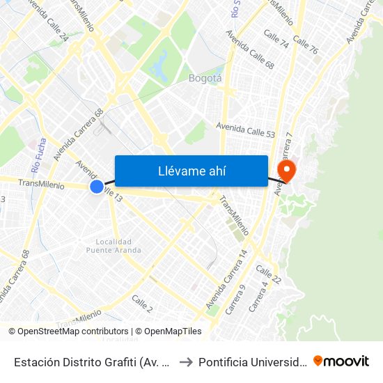 Estación Distrito Grafiti (Av. Américas - Kr 53a) to Pontificia Universidad Javeriana map