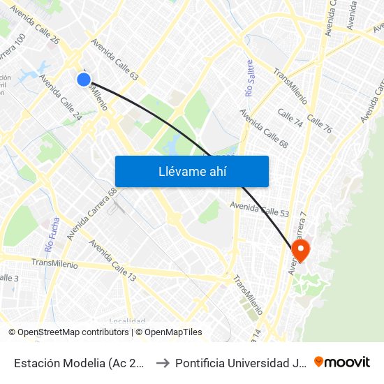 Estación Modelia (Ac 26 - Kr 82) to Pontificia Universidad Javeriana map