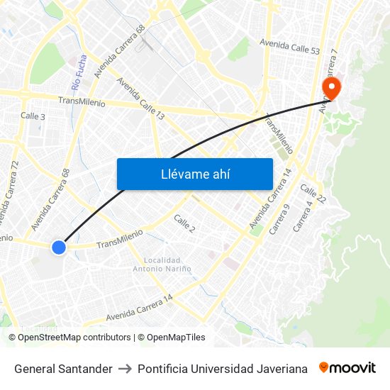General Santander to Pontificia Universidad Javeriana map