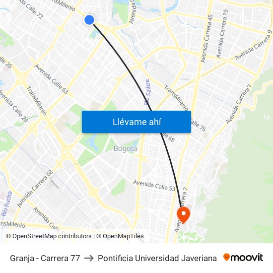 Granja - Carrera 77 to Pontificia Universidad Javeriana map