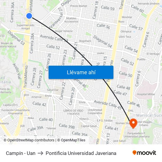 Campín - Uan to Pontificia Universidad Javeriana map