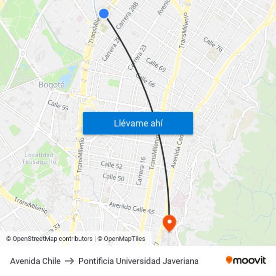 Avenida Chile to Pontificia Universidad Javeriana map