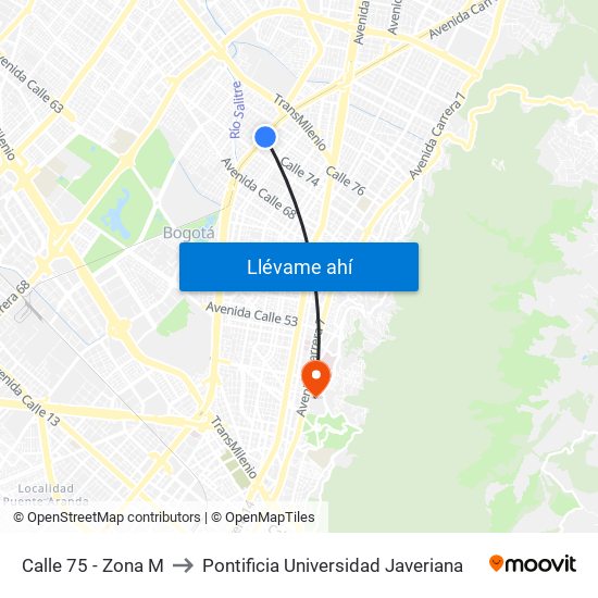 Calle 75 - Zona M to Pontificia Universidad Javeriana map