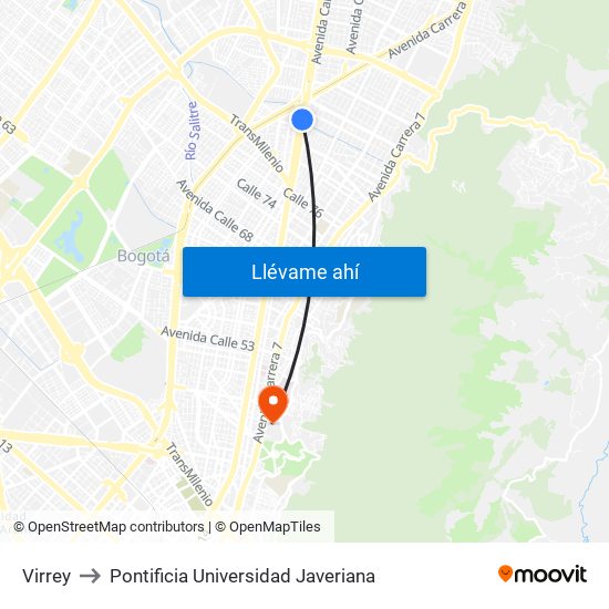 Virrey to Pontificia Universidad Javeriana map