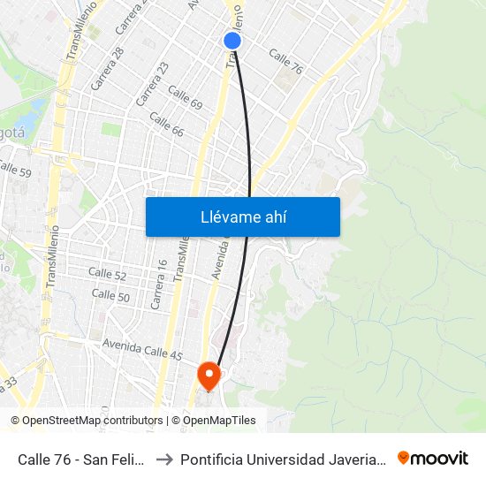 Calle 76 - San Felipe to Pontificia Universidad Javeriana map