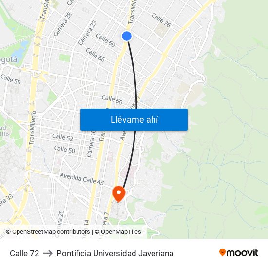 Calle 72 to Pontificia Universidad Javeriana map