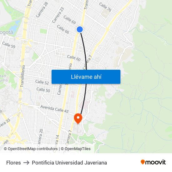Flores to Pontificia Universidad Javeriana map