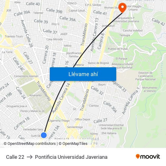 Calle 22 to Pontificia Universidad Javeriana map