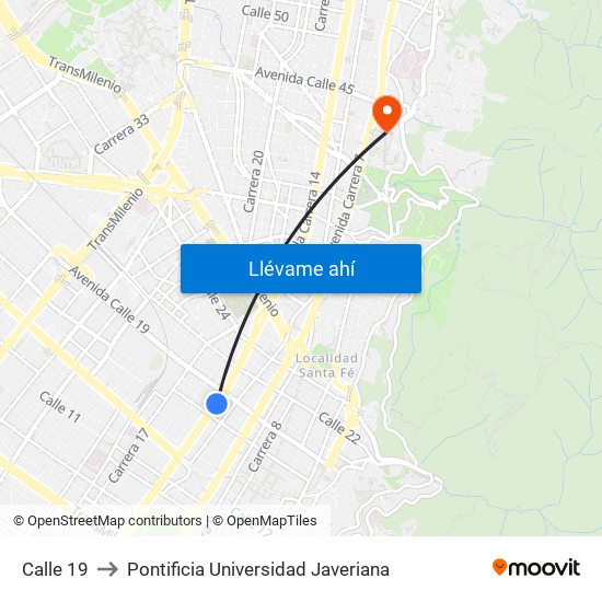 Calle 19 to Pontificia Universidad Javeriana map