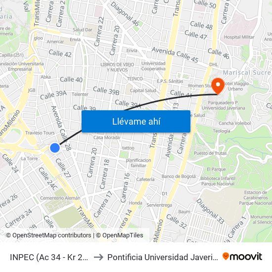 INPEC (Ac 34 - Kr 28a) to Pontificia Universidad Javeriana map