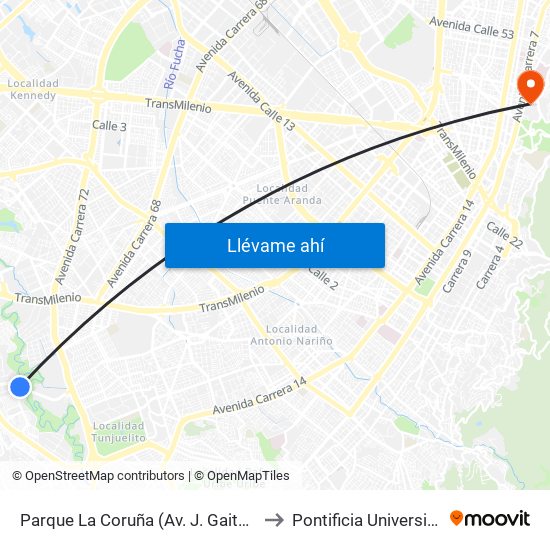 Parque La Coruña (Av. J. Gaitán C. - Cl 58a Sur) (A) to Pontificia Universidad Javeriana map