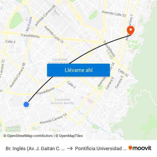 Br. Inglés (Av. J. Gaitán C. - Cl 41 Sur) to Pontificia Universidad Javeriana map