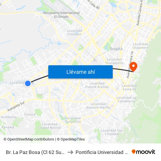 Br. La Paz Bosa (Cl 62 Sur - Kr 82c) to Pontificia Universidad Javeriana map