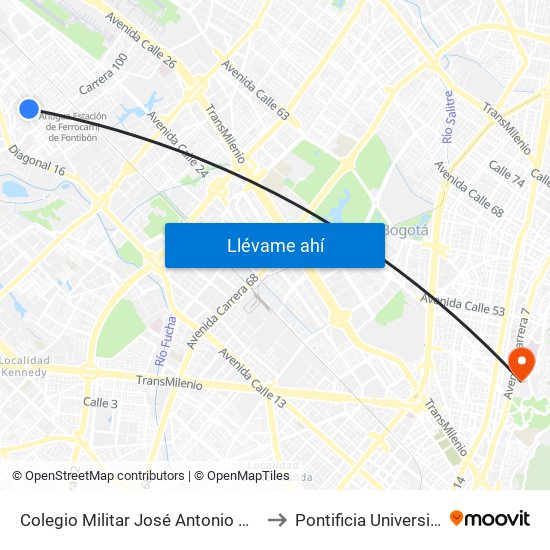 Colegio Militar José Antonio Galán (Cl 17 - Kr 103b) to Pontificia Universidad Javeriana map