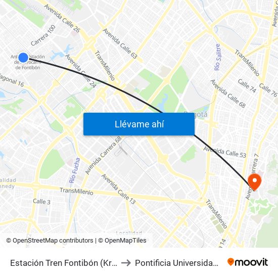 Estación Tren Fontibón (Kr 99 - Cl 20c) to Pontificia Universidad Javeriana map