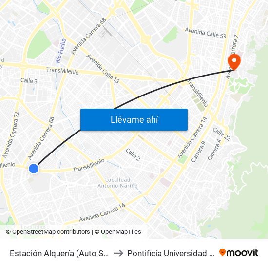 Estación Alquería (Auto Sur - Kr 51f) to Pontificia Universidad Javeriana map