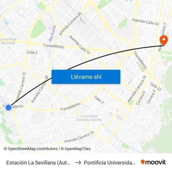 Estación La Sevillana (Auto Sur - Kr 60) to Pontificia Universidad Javeriana map