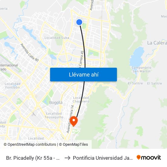 Br. Picadelly (Kr 55a - Cl 163) to Pontificia Universidad Javeriana map