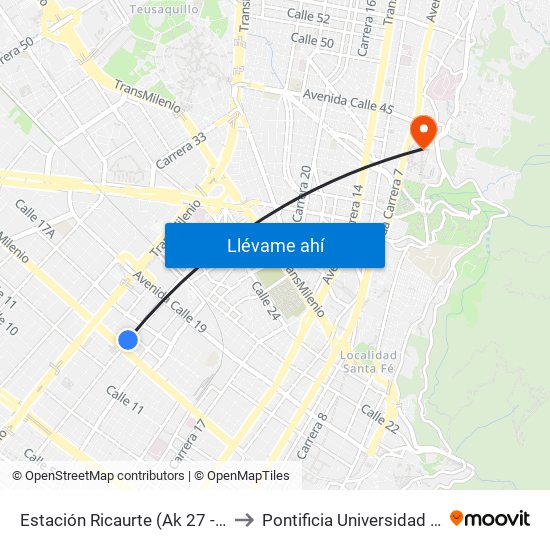 Estación Ricaurte (Ak 27 - Ac 13) (B) to Pontificia Universidad Javeriana map