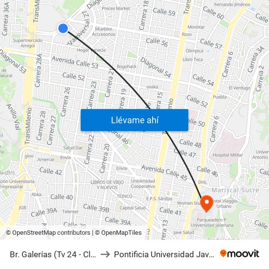 Br. Galerías (Tv 24 - Cl 53b) to Pontificia Universidad Javeriana map