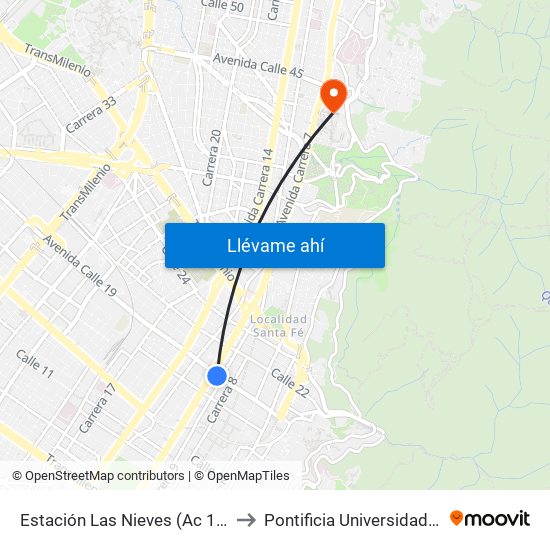 Estación Las Nieves (Ac 19 - Kr 9) (B) to Pontificia Universidad Javeriana map