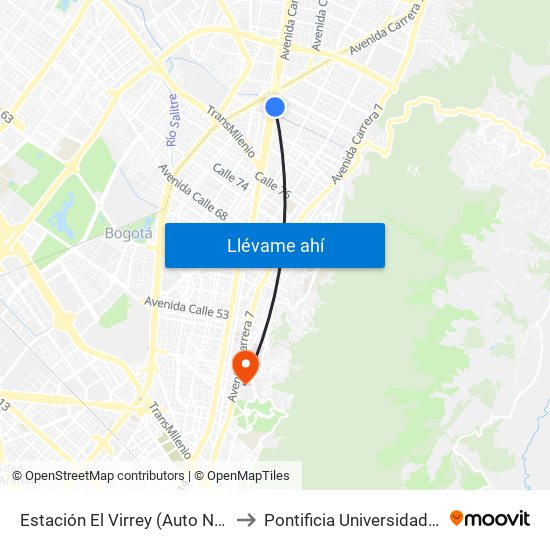 Estación El Virrey (Auto Norte - Cl 88) to Pontificia Universidad Javeriana map