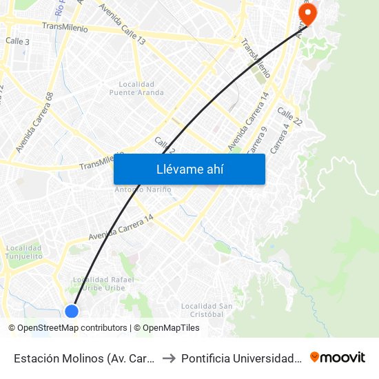 Estación Molinos (Av. Caracas - Kr 7) to Pontificia Universidad Javeriana map