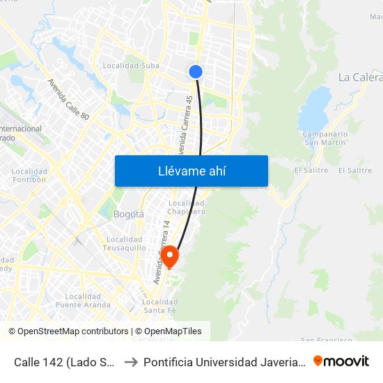 Calle 142 (Lado Sur) to Pontificia Universidad Javeriana map