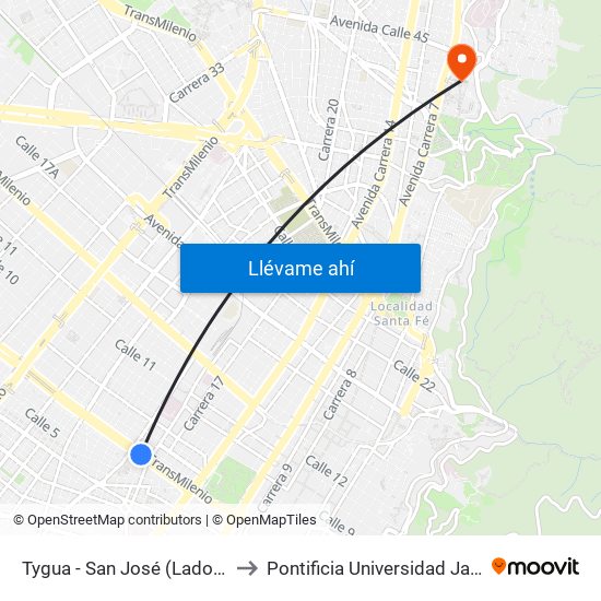 Tygua - San José (Lado Norte) to Pontificia Universidad Javeriana map