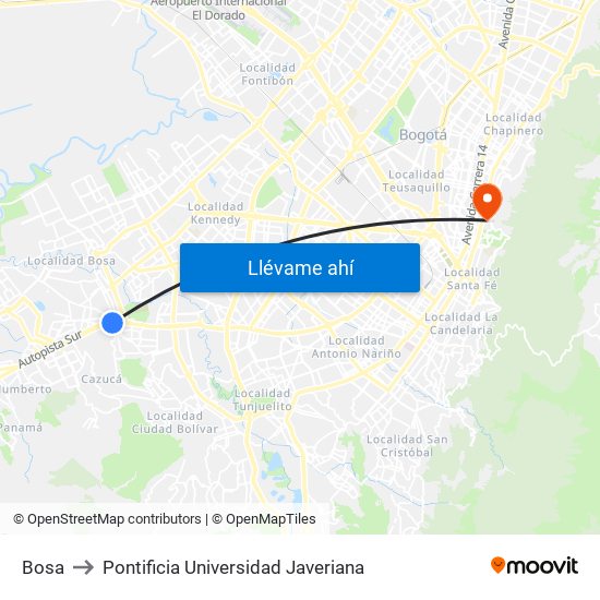 Bosa to Pontificia Universidad Javeriana map