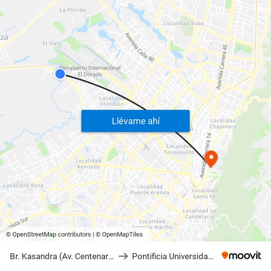 Br. Kasandra (Av. Centenario - Kr 134a) to Pontificia Universidad Javeriana map