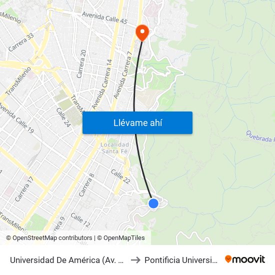 Universidad De América (Av. Circunvalar - Cl 19a) to Pontificia Universidad Javeriana map