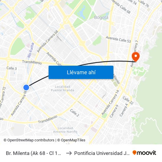 Br. Milenta (Ak 68 - Cl 15 Sur) (A) to Pontificia Universidad Javeriana map